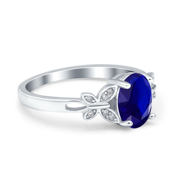 Butterfly Accent Oval Art Deco Engagement Wedding Bridal Ring Round Simulated Blue Sapphire CZ 925 Sterling Silver